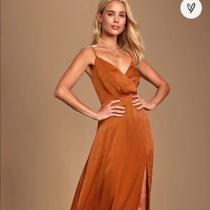 Lulus Constantine Rust Orange Satin Maxi Dress